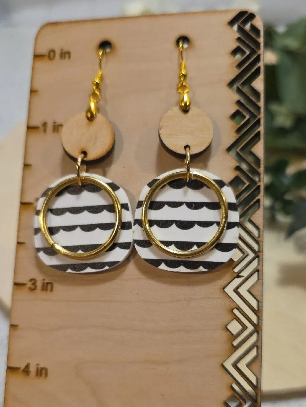 Gold Hoop Black & White Striped Wood Drop Earrings